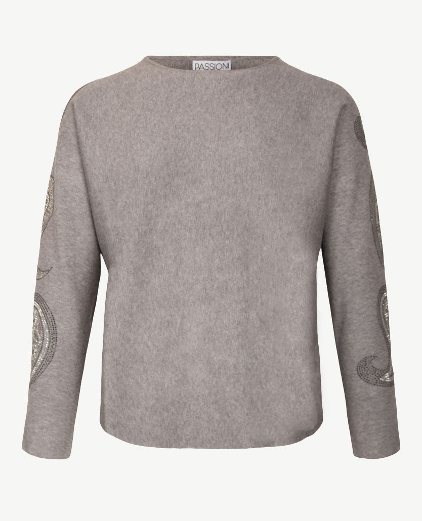 Passioni - Pullover - Ronde hals - Grijs mêlée met glitter op mouw