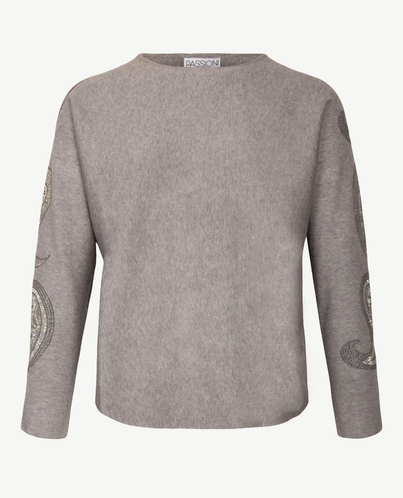 Passioni - Pullover - Ronde hals - Grijs mêlée met glitter op mouw
