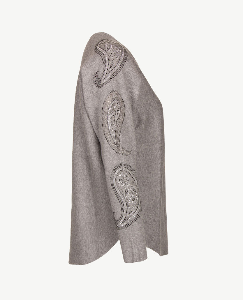 Passioni - Pullover - Ronde hals - Grijs mêlée met glitter op mouw