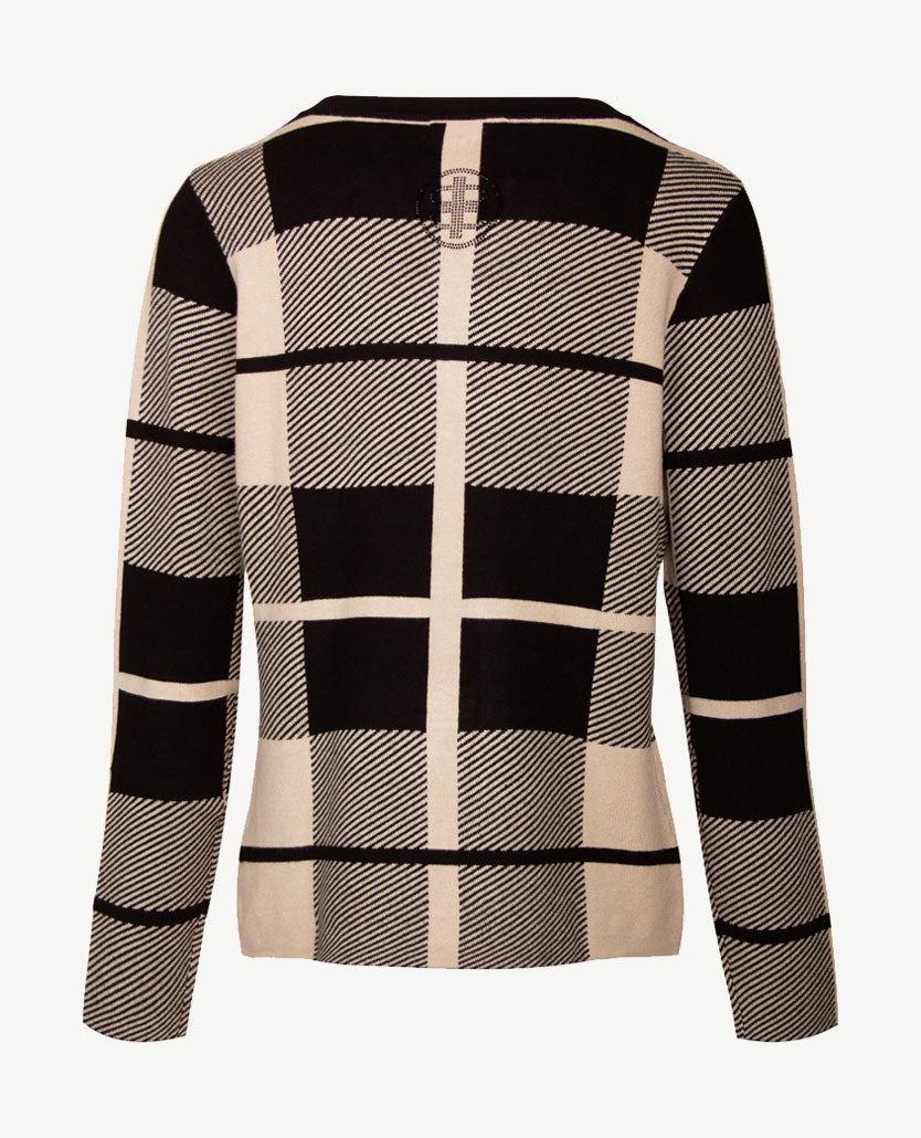 Passioni - Pullover - Ronde V-hals - Blokdessin - beige met zwart