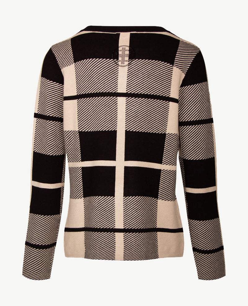 Passioni - Pullover - Ronde V-hals - Blokdessin - beige met zwart