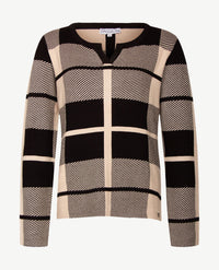 Passioni - Pullover - Ronde V-hals - Blokdessin - beige met zwart