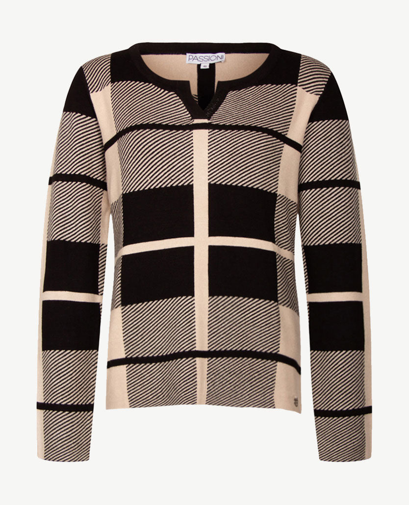 Passioni - Pullover - Ronde V-hals - Blokdessin - beige met zwart