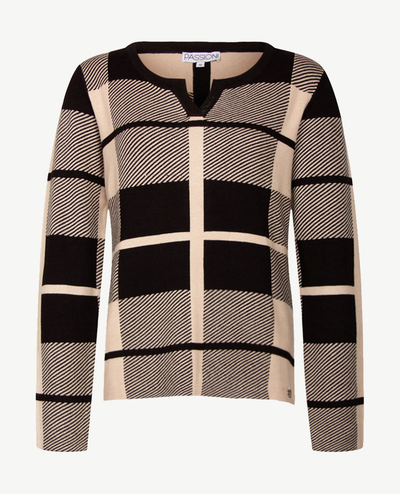 Passioni - Pullover - Ronde V-hals - Blokdessin - beige met zwart