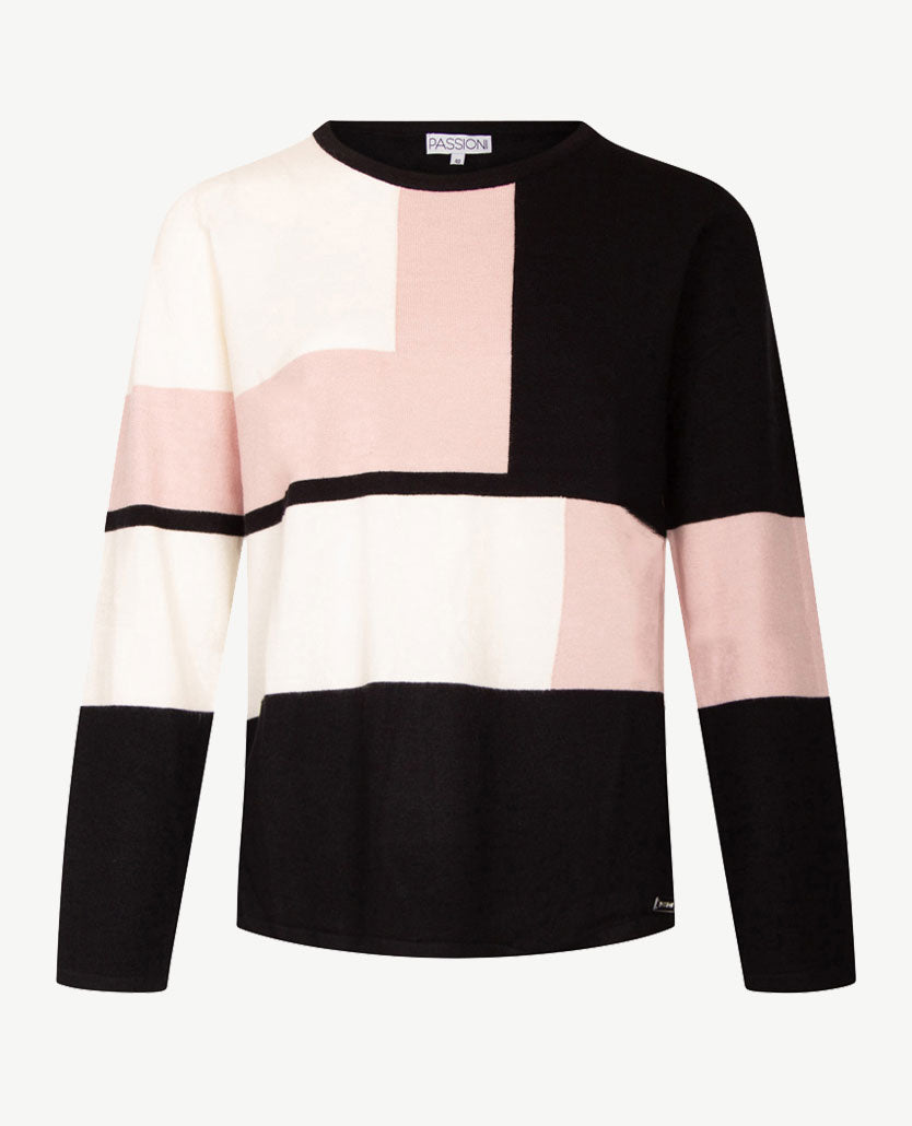 Passioni - Pullover - Ronde hals - Zwart, rose en off-white