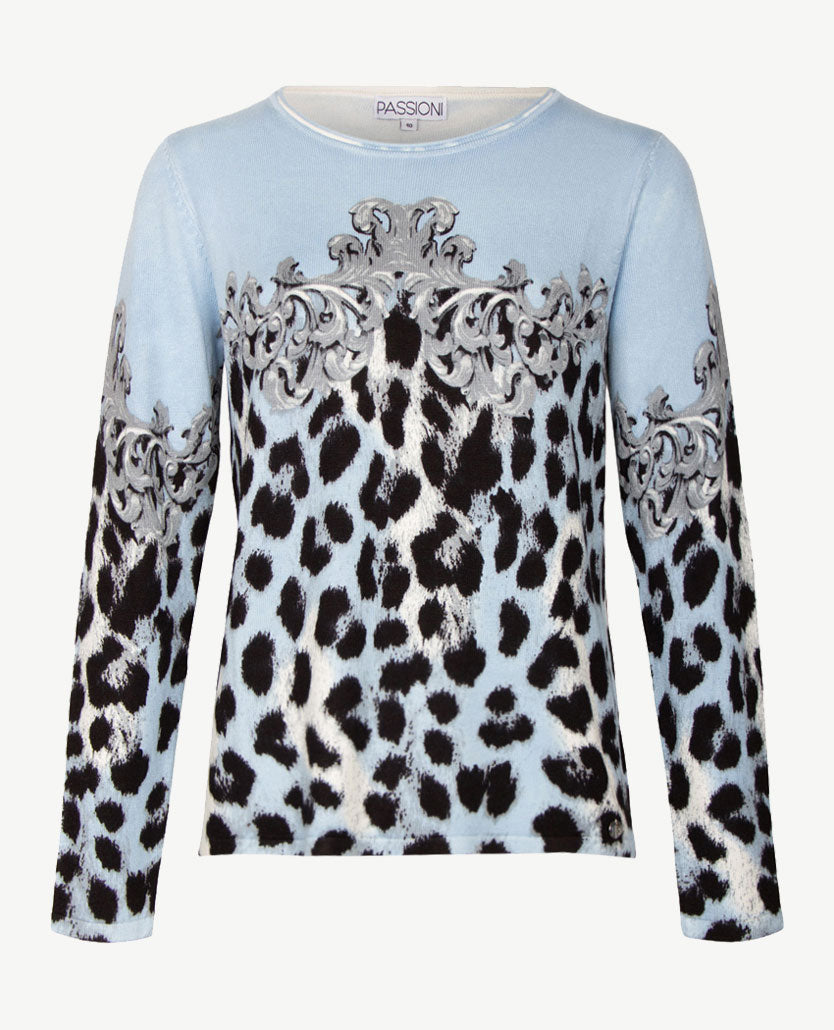 Passioni - Pullover - Ronde hals - Ice blue met zwart, grijs en off-white