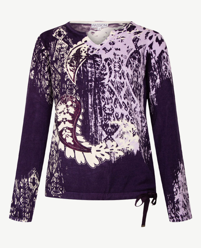 Passioni - Pullover - Ronde v-hals - Violet, lila en off-white en aubergine