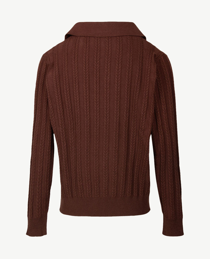 Passioni - Damespolo gebreid - V-hals - Kabel choco