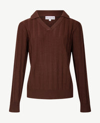 Passioni - Damespolo gebreid - V-hals - Kabel choco