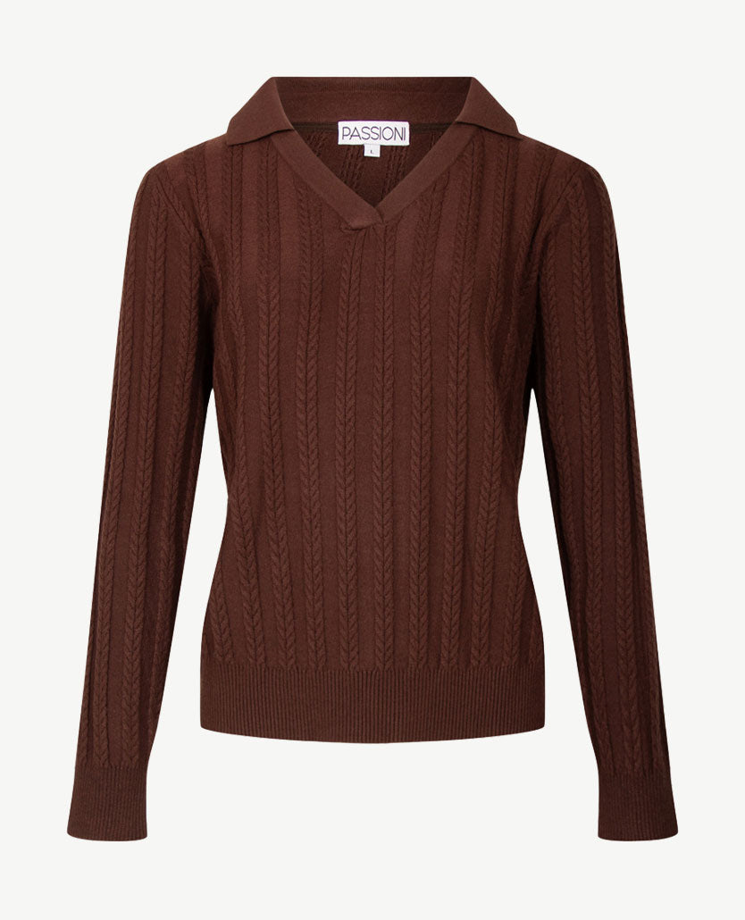 Passioni - Damespolo gebreid - V-hals - Kabel choco