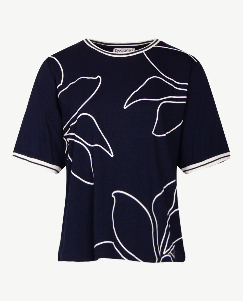 Passioni - Top - Ronde hals - Navy met wit