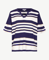 Passioni - Pullover - Ronde v-hals - Streep blauw met glans en wit