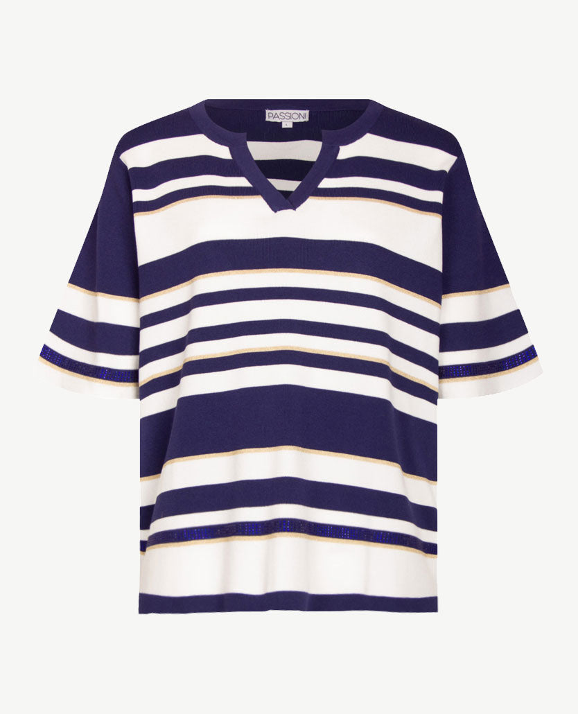 Passioni - Pullover - Ronde v-hals - Streep blauw met glans en wit