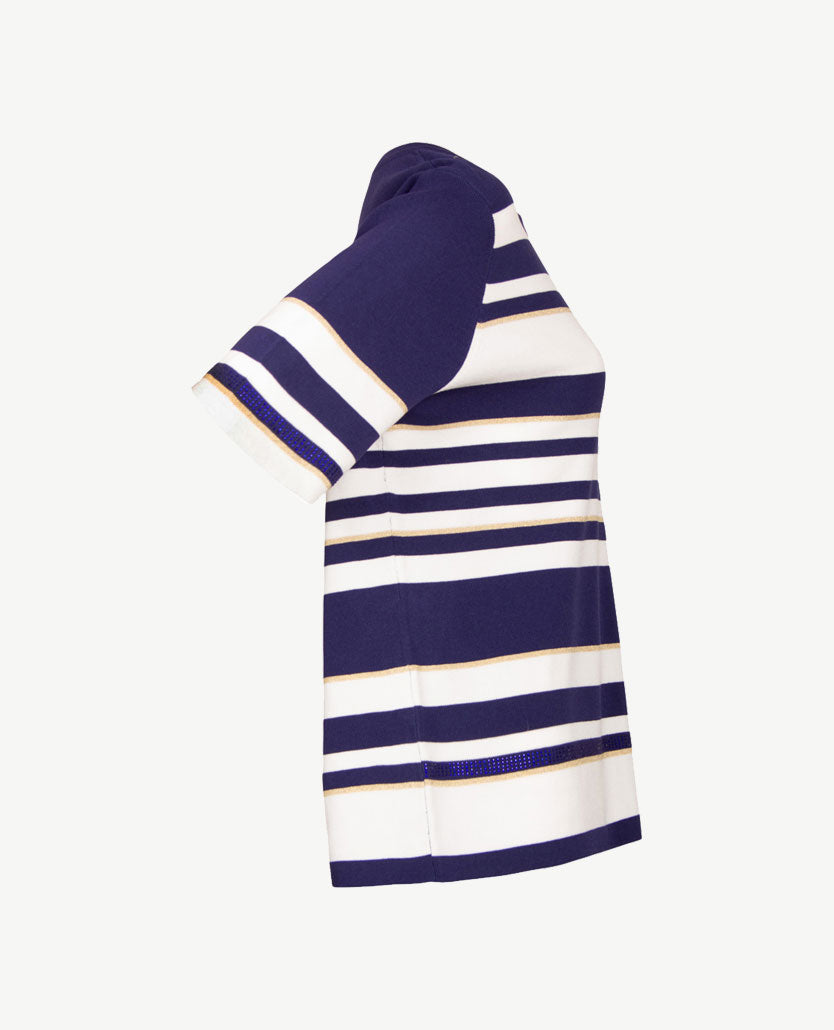 Passioni - Pullover - Ronde v-hals - Streep blauw met glans en wit