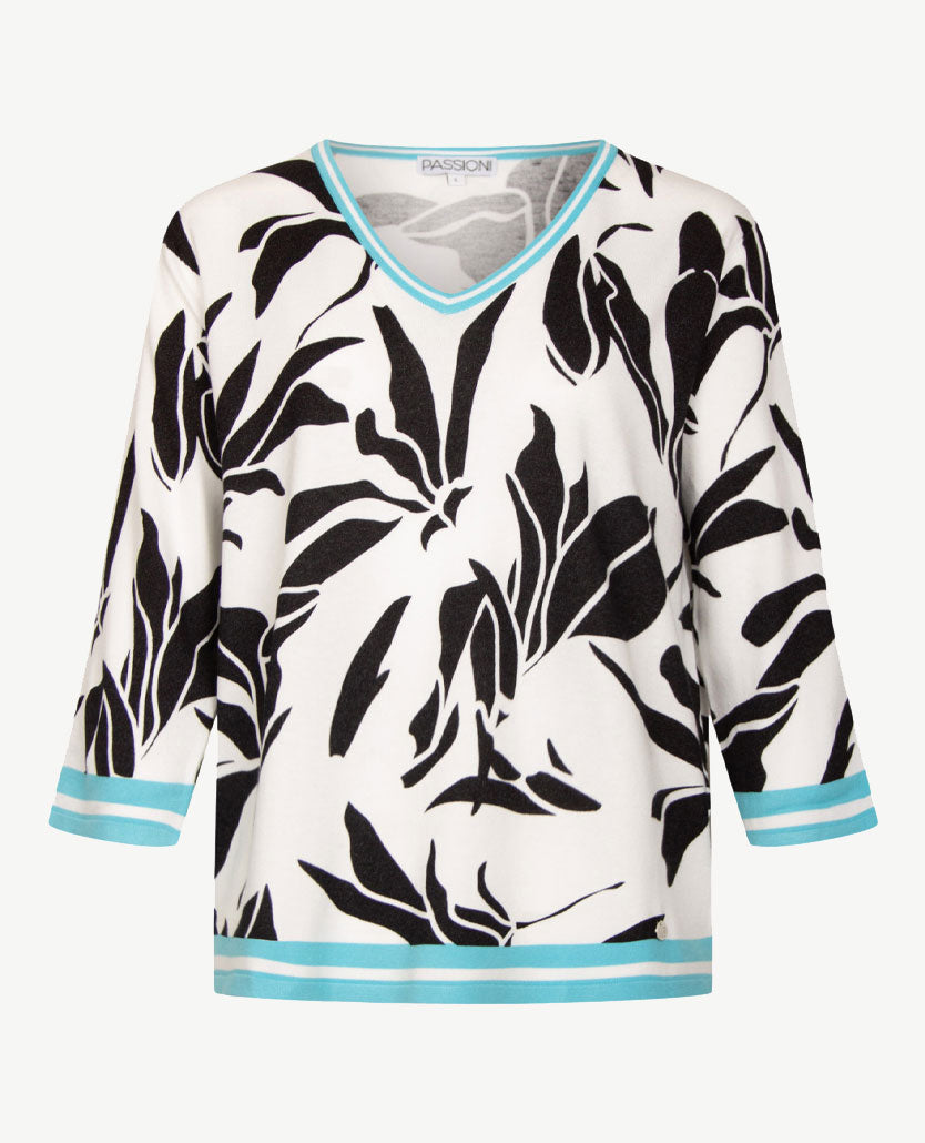 Passioni - Lichte pullover - V- hals - Dessin wit, antracietzwart en azuur
