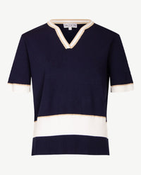 Passioni - Pullover - Ronde v-hals - Navy met wit en glans