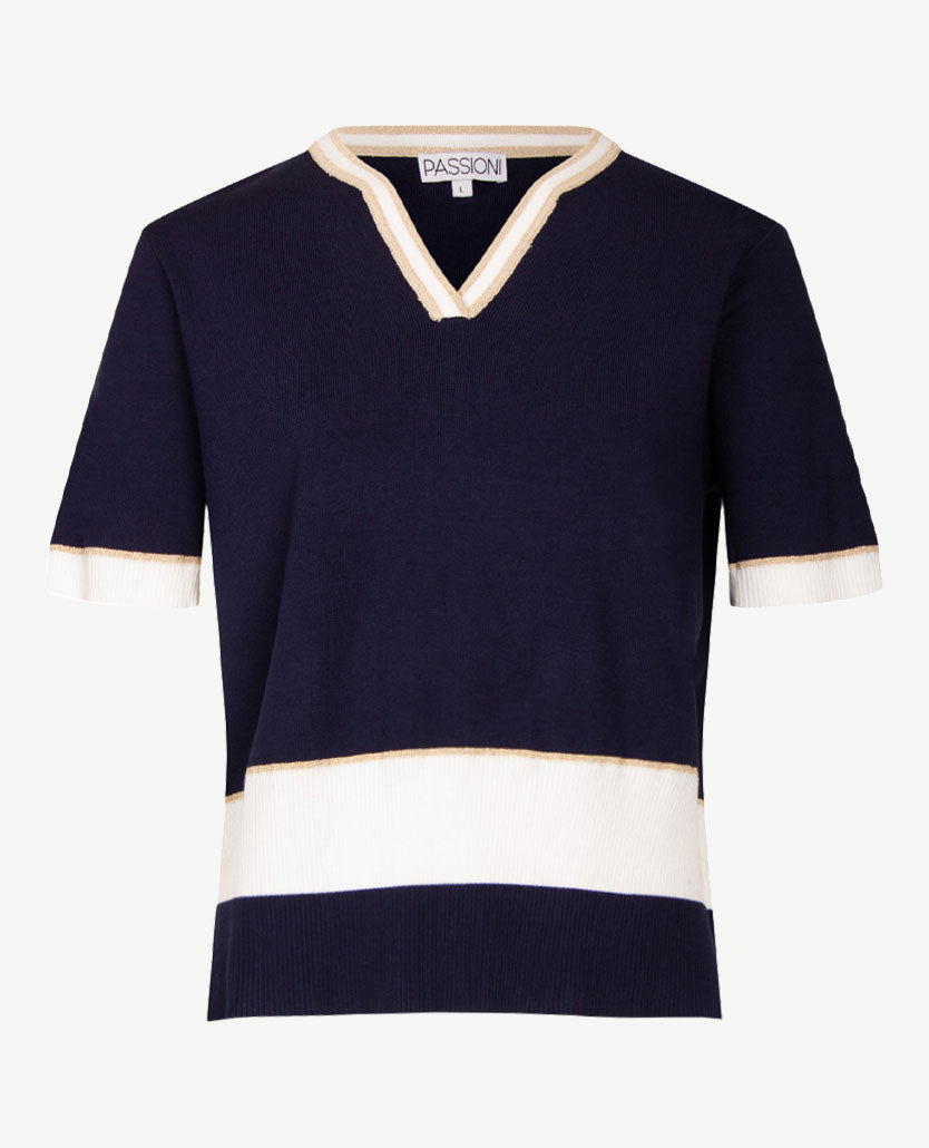 Passioni - Pullover - Ronde v-hals - Navy met wit en glans