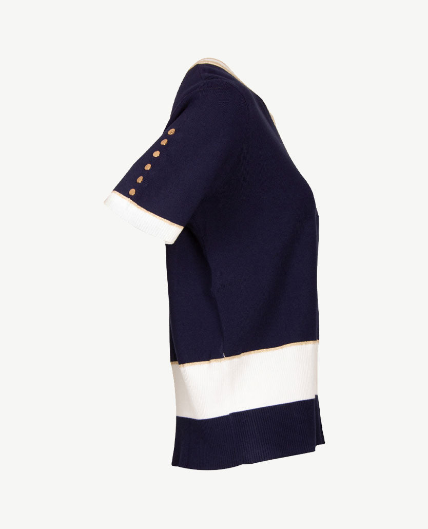 Passioni - Pullover - Ronde v-hals - Navy met wit en glans