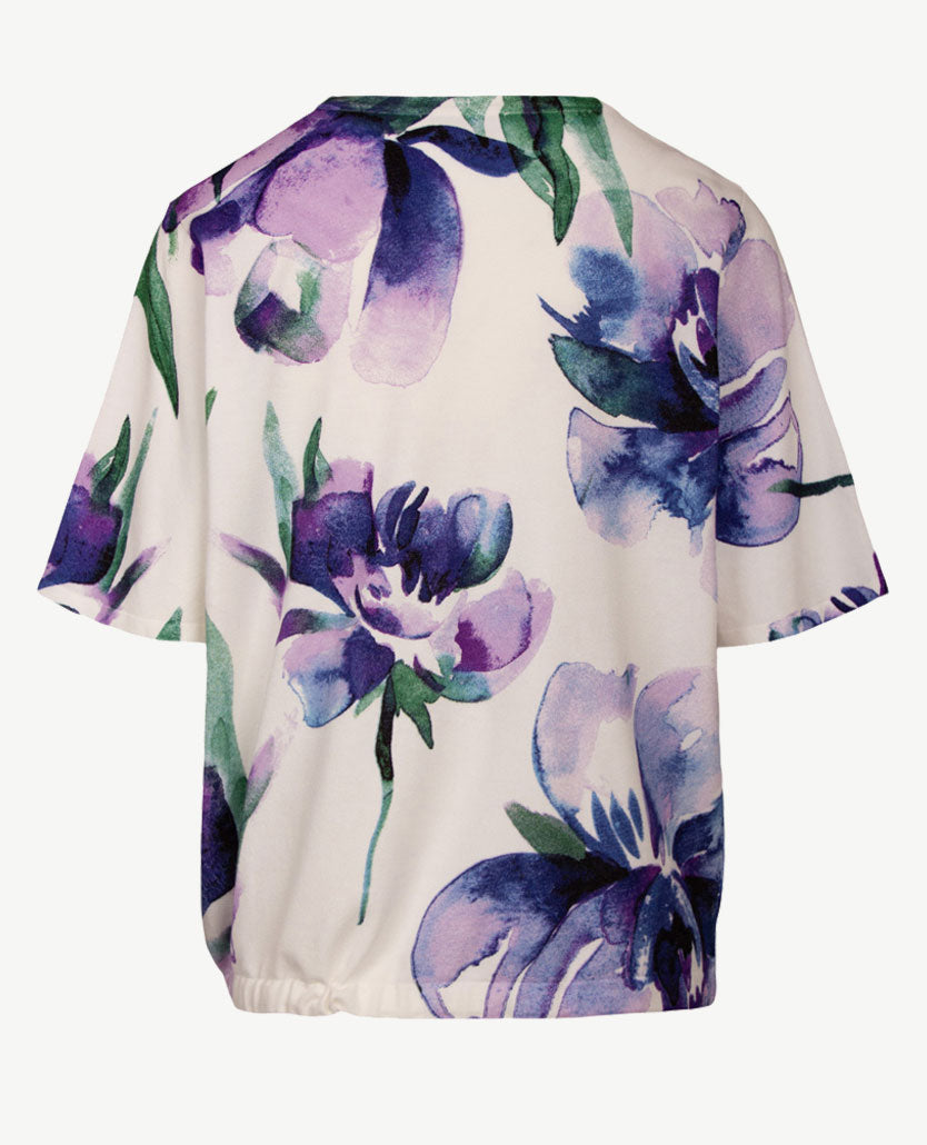 Passioni - Dunne pullover met koordje - Ronde hals - Dessin blauwen met lavendel, groen en off-white
