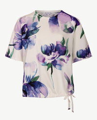 Passioni - Dunne pullover met koordje - Ronde hals - Dessin blauwen met lavendel, groen en off-white