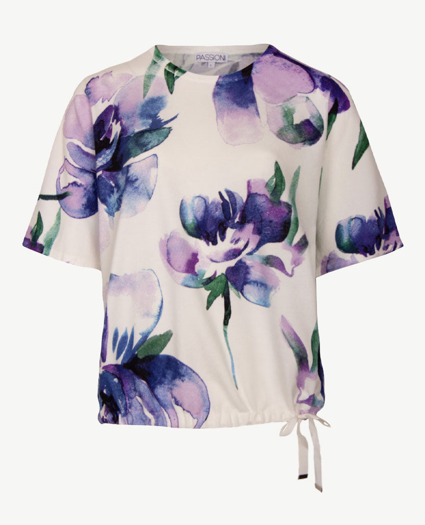 Passioni - Dunne pullover met koordje - Ronde hals - Dessin blauwen met lavendel, groen en off-white