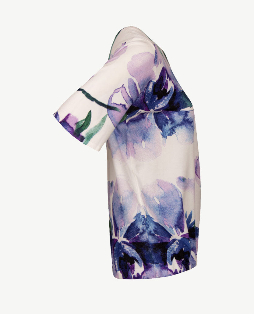 Passioni - Dunne pullover met koordje - Ronde hals - Dessin blauwen met lavendel, groen en off-white