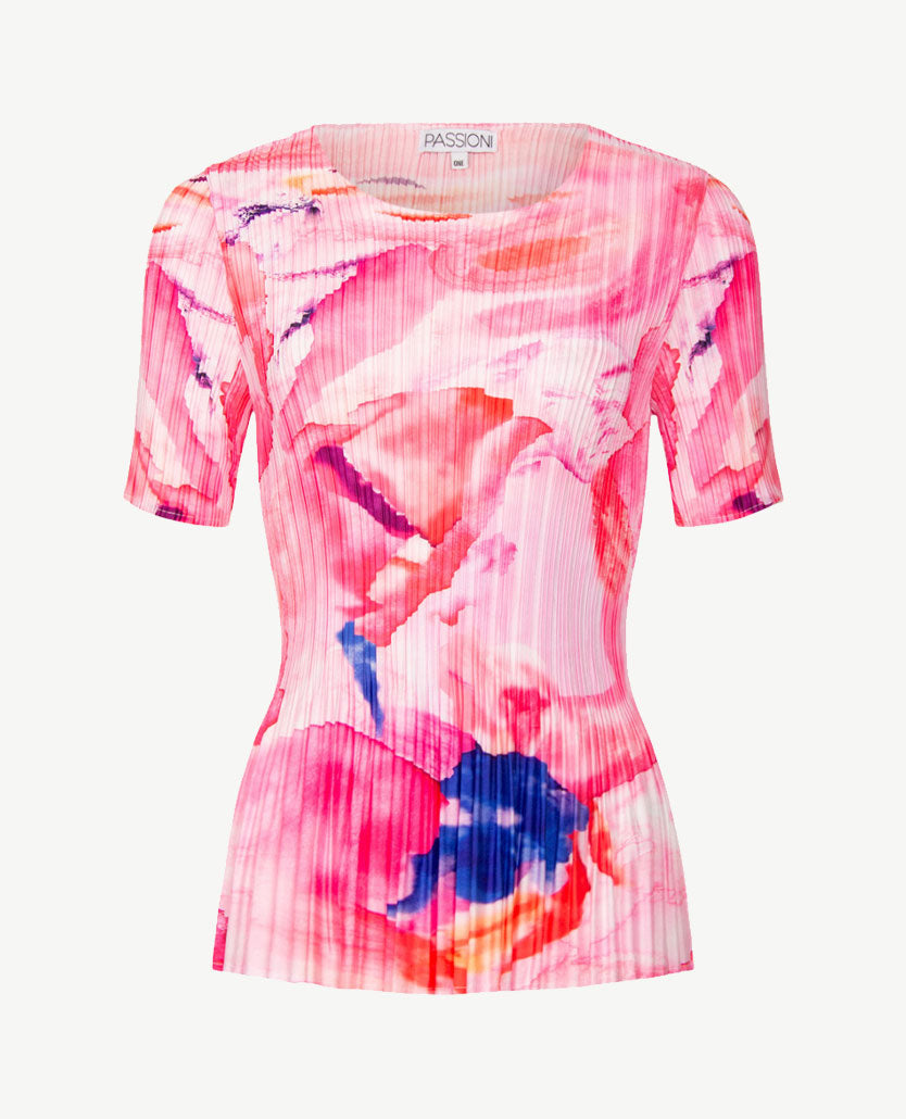 Passioni - Top - Ronde hals - plissé - Pink met blauw en orange