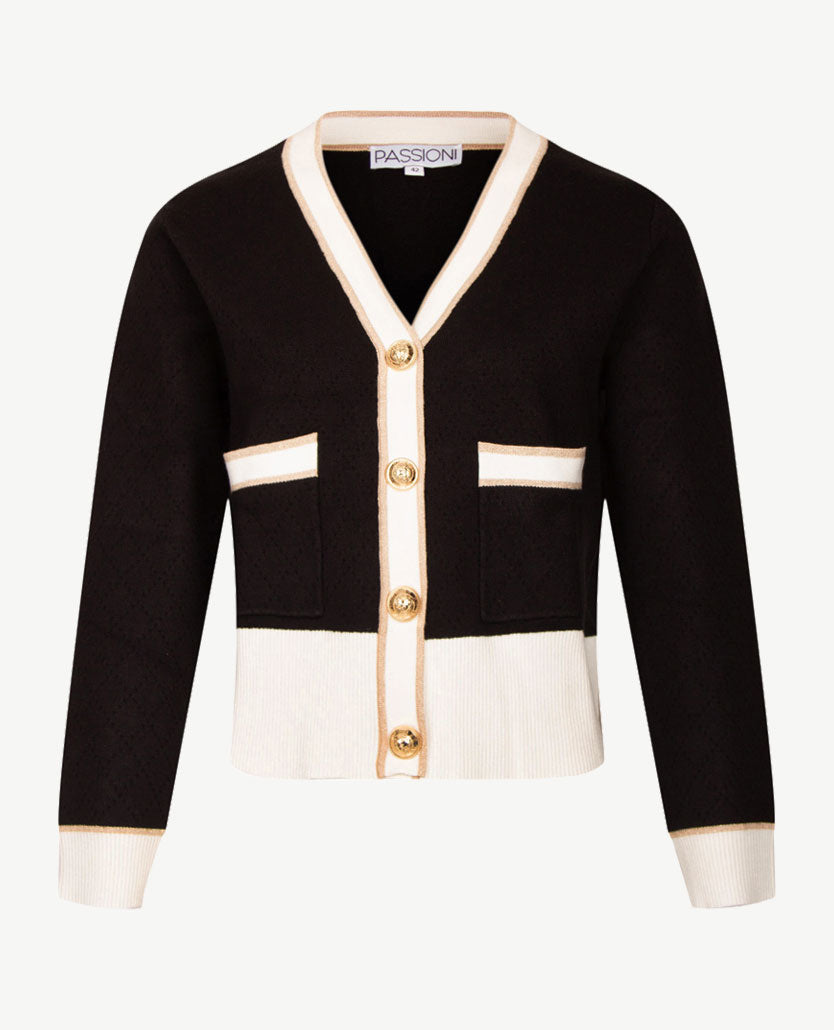 Passioni - Vest kort - Gebreid, met drukknopen- Zwart met goud en off-white