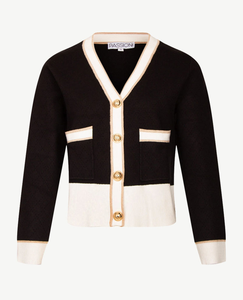 Passioni - Vest kort - Gebreid, met drukknopen- Zwart met goud en off-white