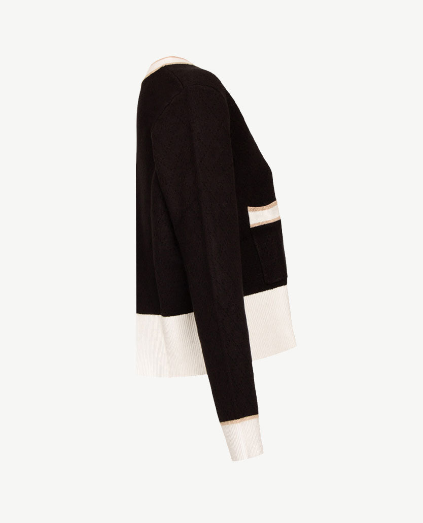 Passioni - Vest kort - Gebreid, met drukknopen- Zwart met goud en off-white