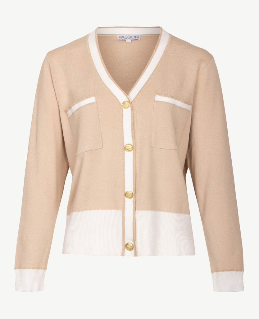 Passioni - Vest - v-hals - Beige en wit met gouddraad