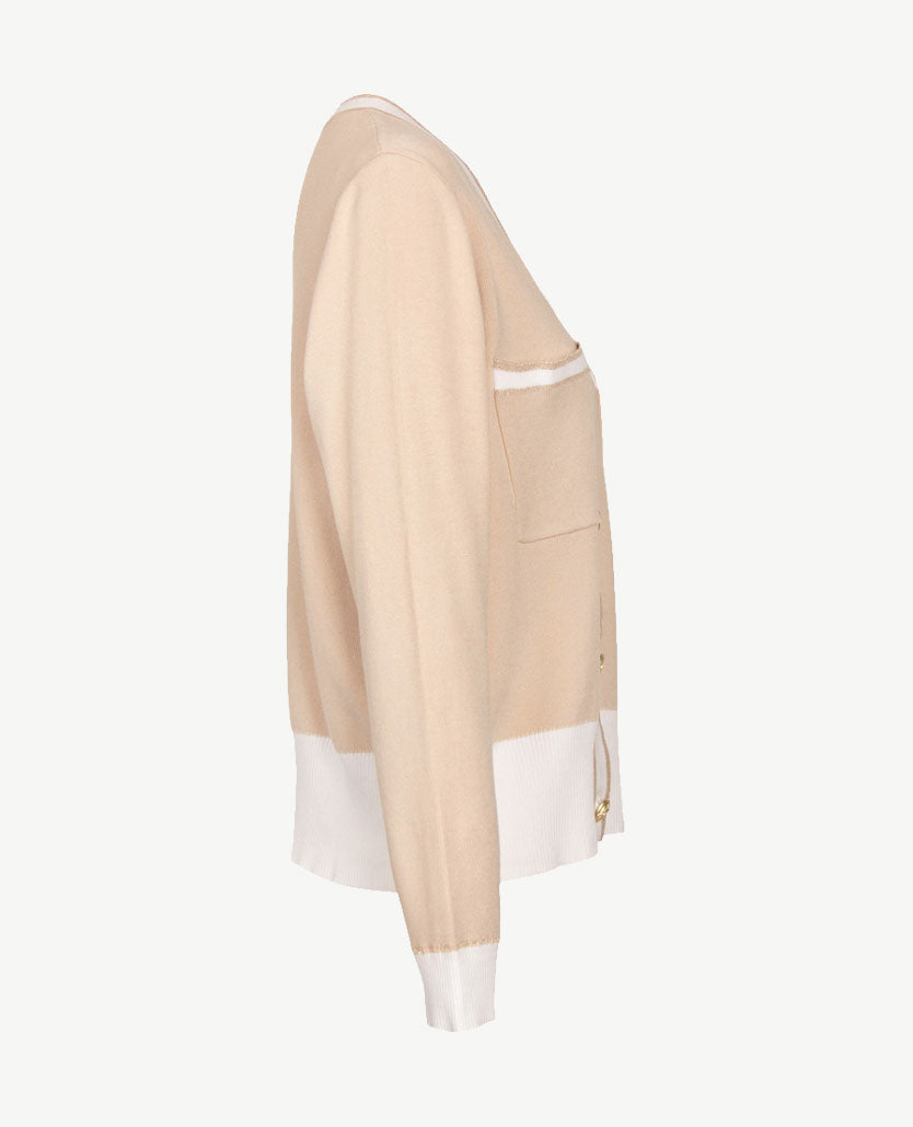 Passioni - Vest - v-hals - Beige en wit met gouddraad