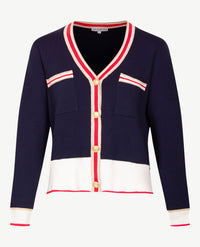 Passioni - Vest - v-hals - Navy, rood en wit met gouddraad