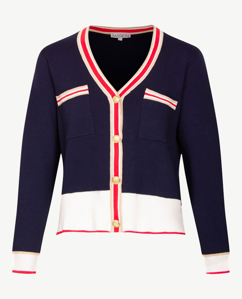 Passioni - Vest - v-hals - Navy, rood en wit met gouddraad