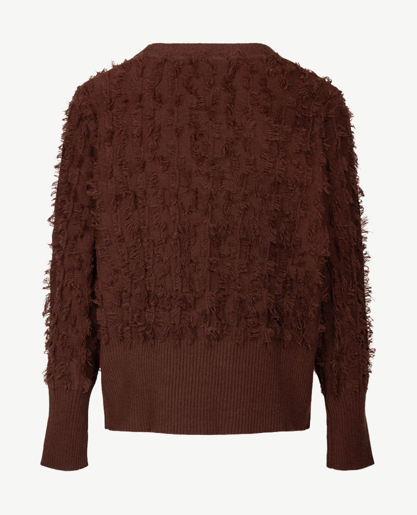 Passioni - Damesvest - Gebreid  met knopen - Choco met fringes