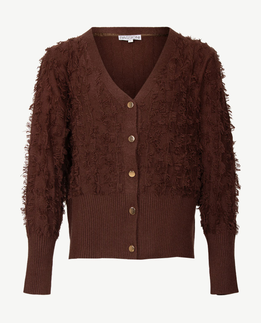 Passioni - Damesvest - Gebreid  met knopen - Choco met fringes