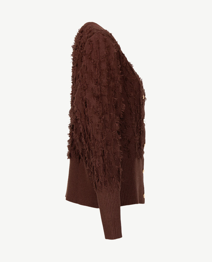 Passioni - Damesvest - Gebreid  met knopen - Choco met fringes