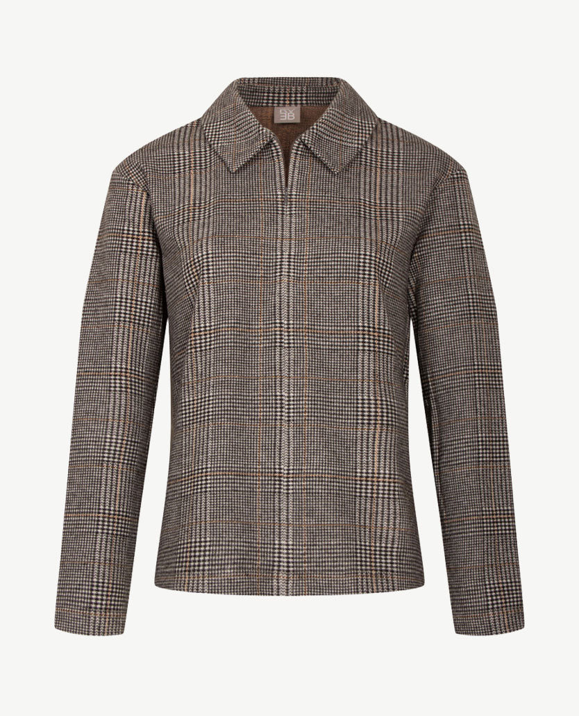 Rabe - Top Polo met rits - Pied de poule - Zwart, grijs, off-white en beige