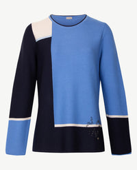 Rabe - Pullover - Ronde hals - Blokdessin blauwen met navy met beige