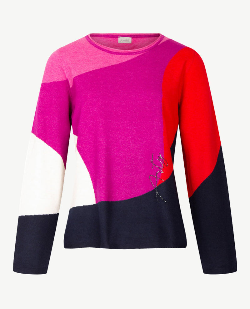 Rabe - Pullover - Ronde hals - Rose met navy, red-orange en off-white