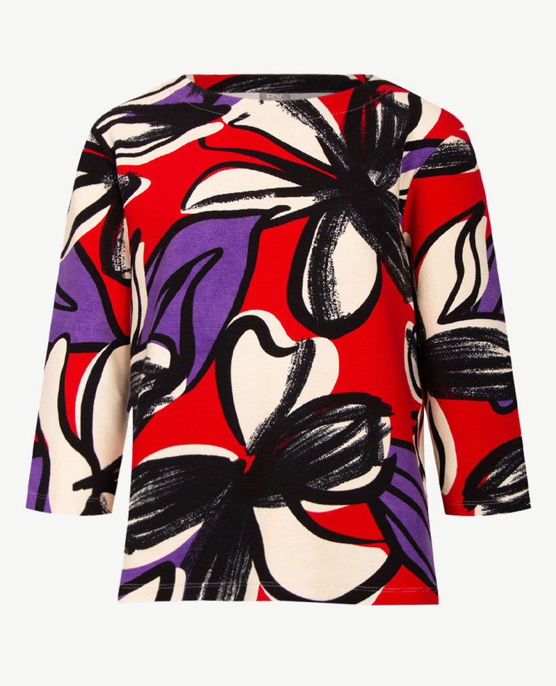 Rabe - Top - Ronde hals - ribbeljersey - Dessin rood, zwart, beige en paars
