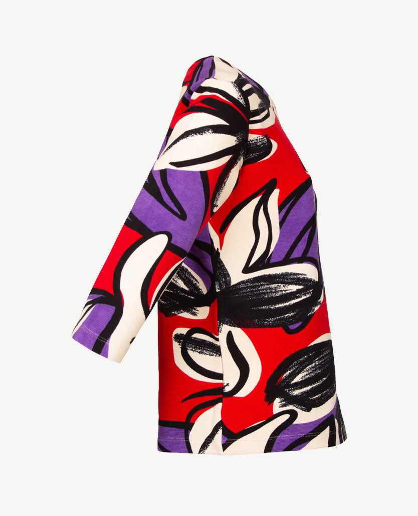 Rabe - Top - Ronde hals - ribbeljersey - Dessin rood, zwart, beige en paars