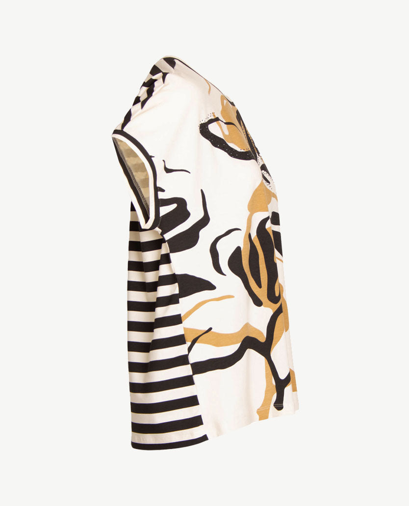 Rabe - Top - ronde hals - jersey - Streep en dessin in beige, zwart en off-white