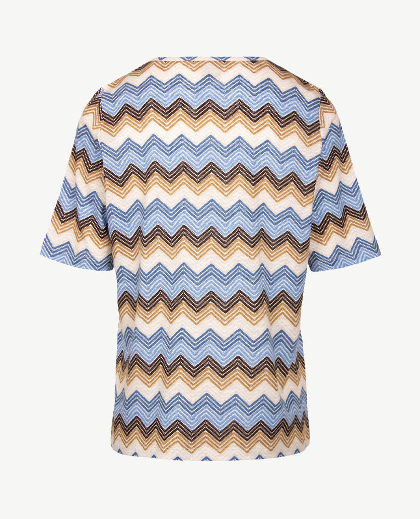 Rabe - Top - ronde hals - jersey - Dessin zigzag choco, beige en blauwen