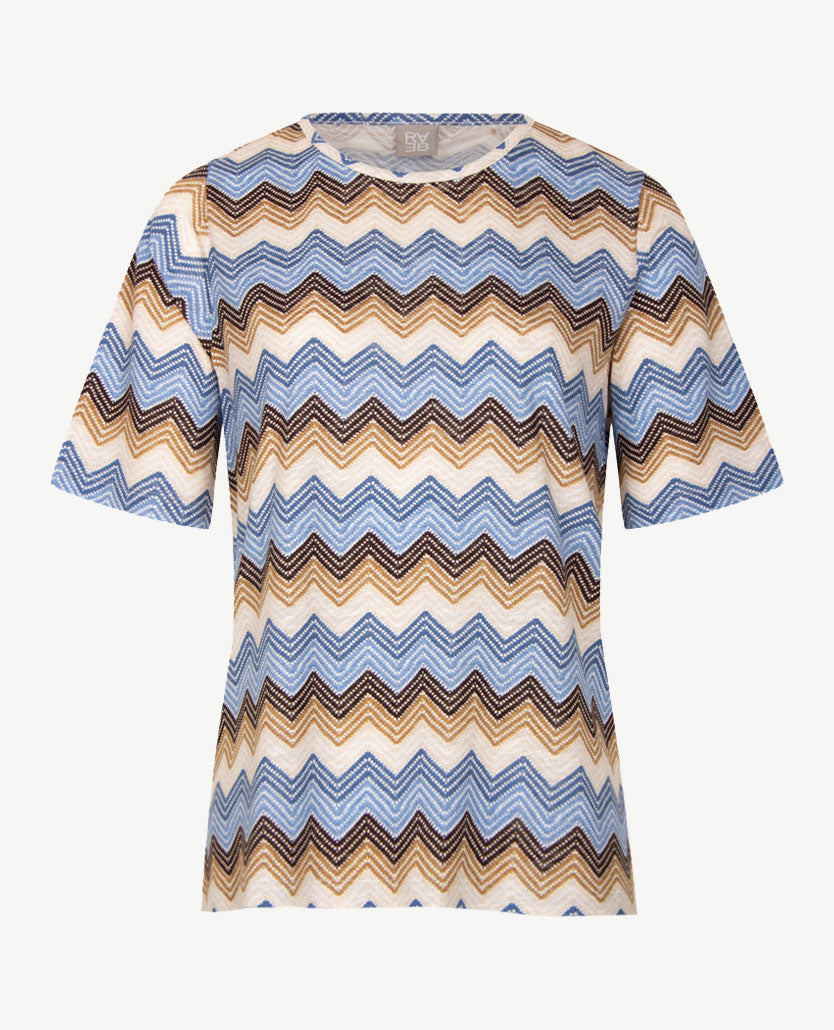 Rabe - Top - ronde hals - jersey - Dessin zigzag choco, beige en blauwen