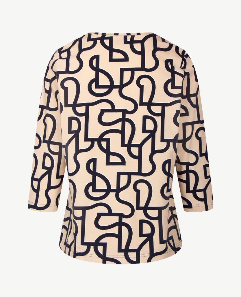 Rabe - Damestop - ronde hals - jersey - Dessin met beige met navy en wit