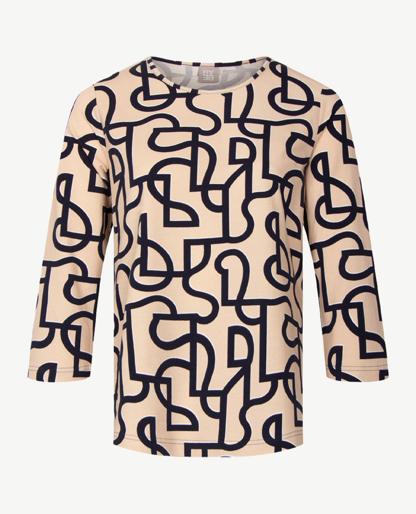 Rabe - Damestop - ronde hals - jersey - Dessin met beige met navy en wit