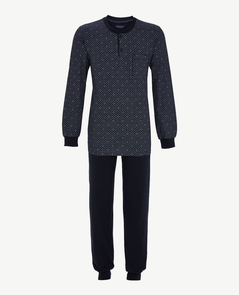 Ringella - Herenpyjama ronde hals met knoopsluiting - Marineblauw met beige en blue