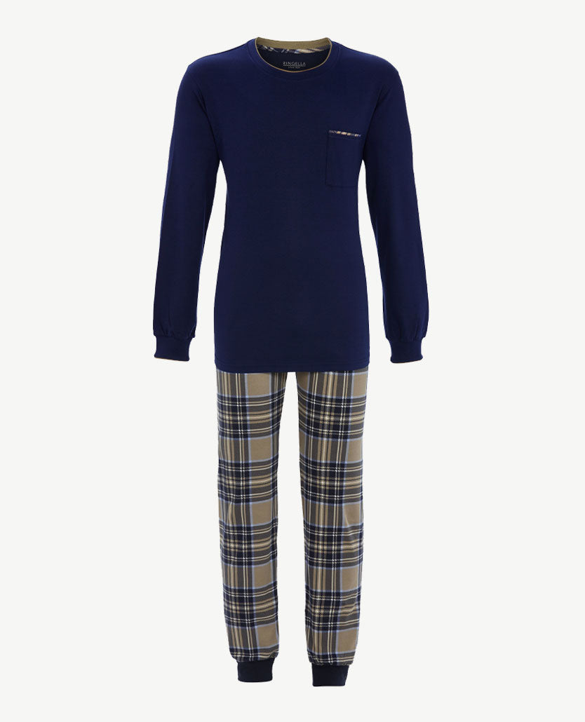 Ringella - Herenpyjama ronde hals - Navy met geruite broek