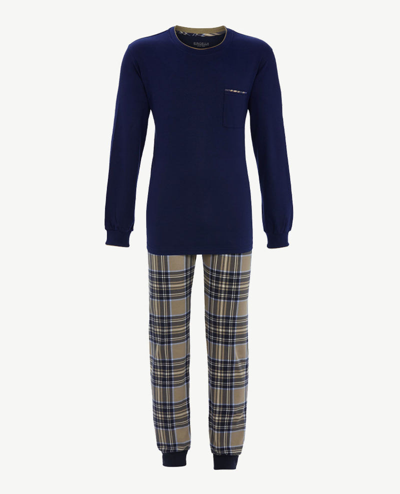 Ringella - Herenpyjama ronde hals - Navy met geruite broek